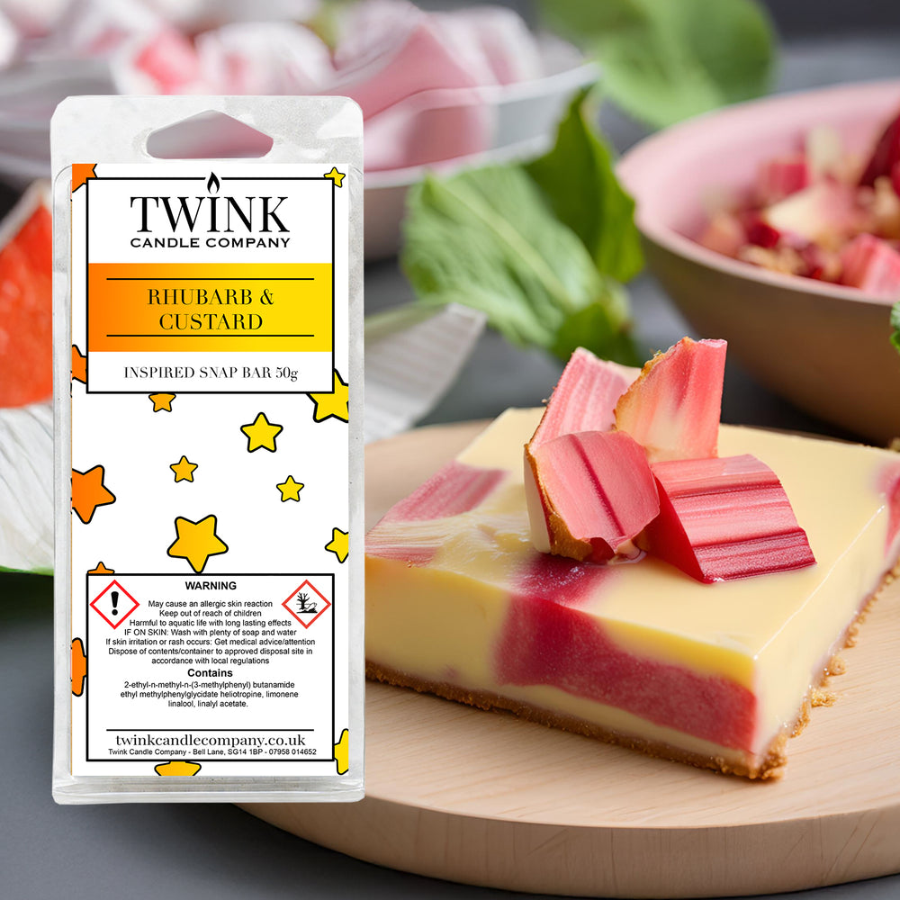 Rhubarb & Custard soy wax melt snap bar by Twink Candle Company, beside a slice of rhubarb and custard tart