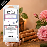 Rose & Sandalwood inspired soy wax melt snap bar by Twink Candle Company, with pink roses, sandalwood and a lit candle