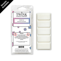 Rose & Sandalwood inspired 50g soy wax melt snap bar in its packet beside the unwrapped bar and its five segments