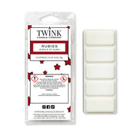 Rubies (Jewels of Dubai) inspired 50g soy wax melt snap bar in its packet beside the unwrapped bar and its five segments