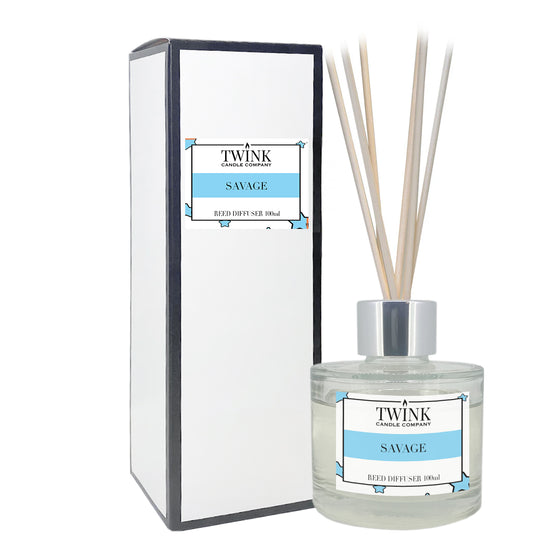 Savage reed diffuser by Twink Candle Company, a 100ml glass bottle with reeds beside its gift box