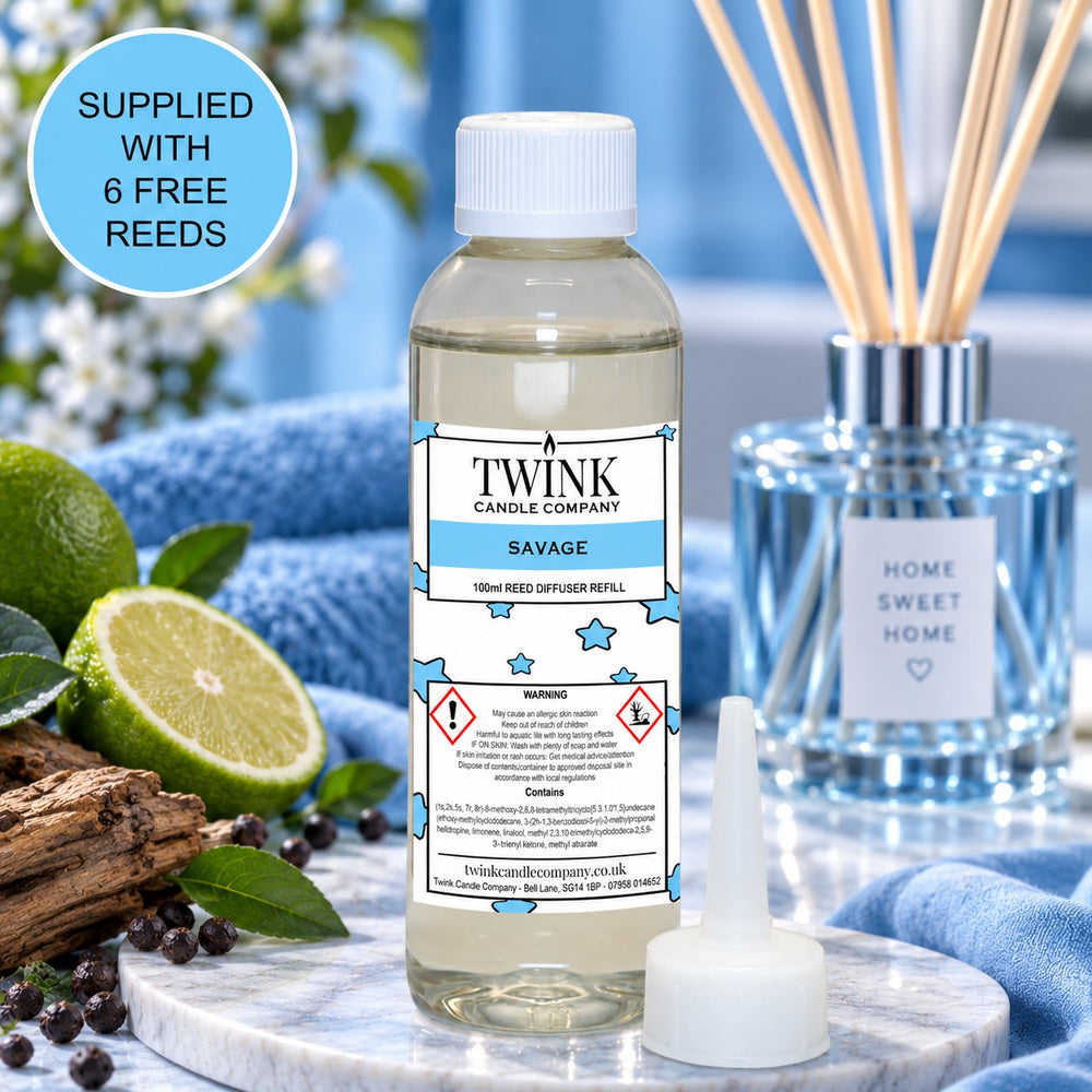 Savage reed diffuser refill by Twink Candle Company, a 100ml bottle in a fresh, masculine setting