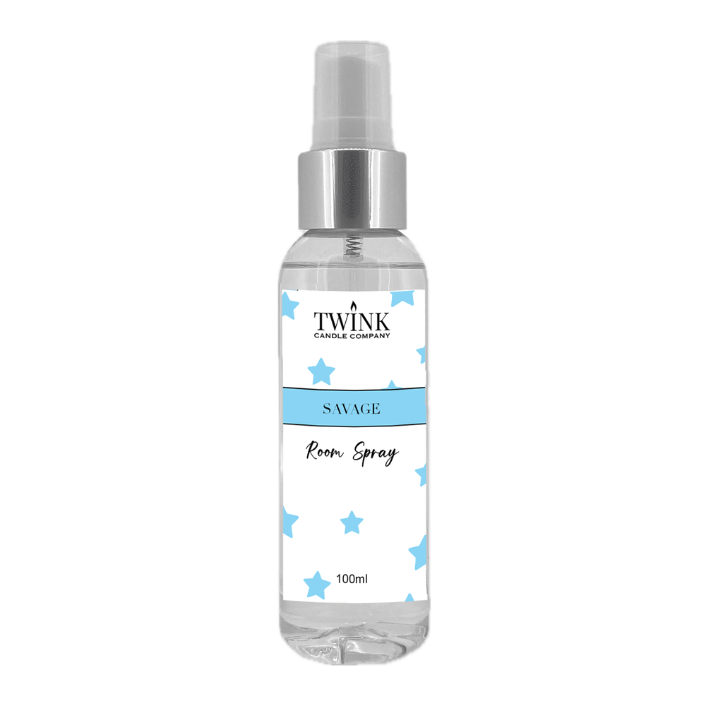 Savage inspired room spray by Twink Candle Company, a clear 100ml bottle with a spray top and blue star label