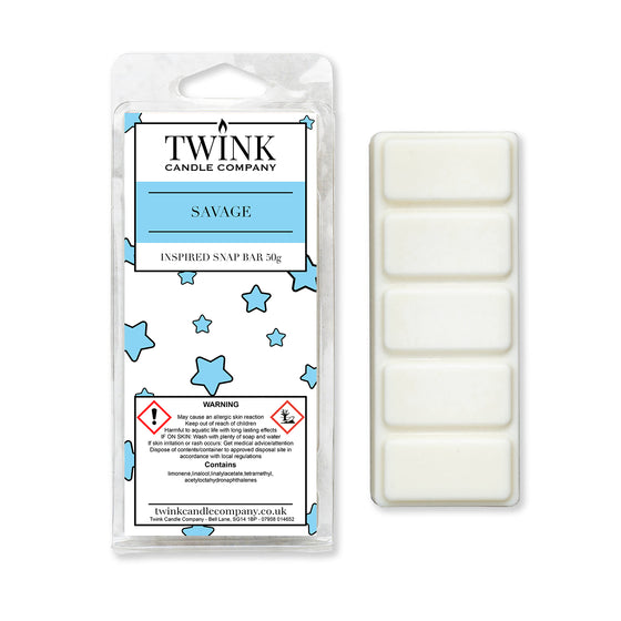 Savage inspired 50g soy wax melt snap bar in its packet beside the unwrapped bar and its five break-apart segments