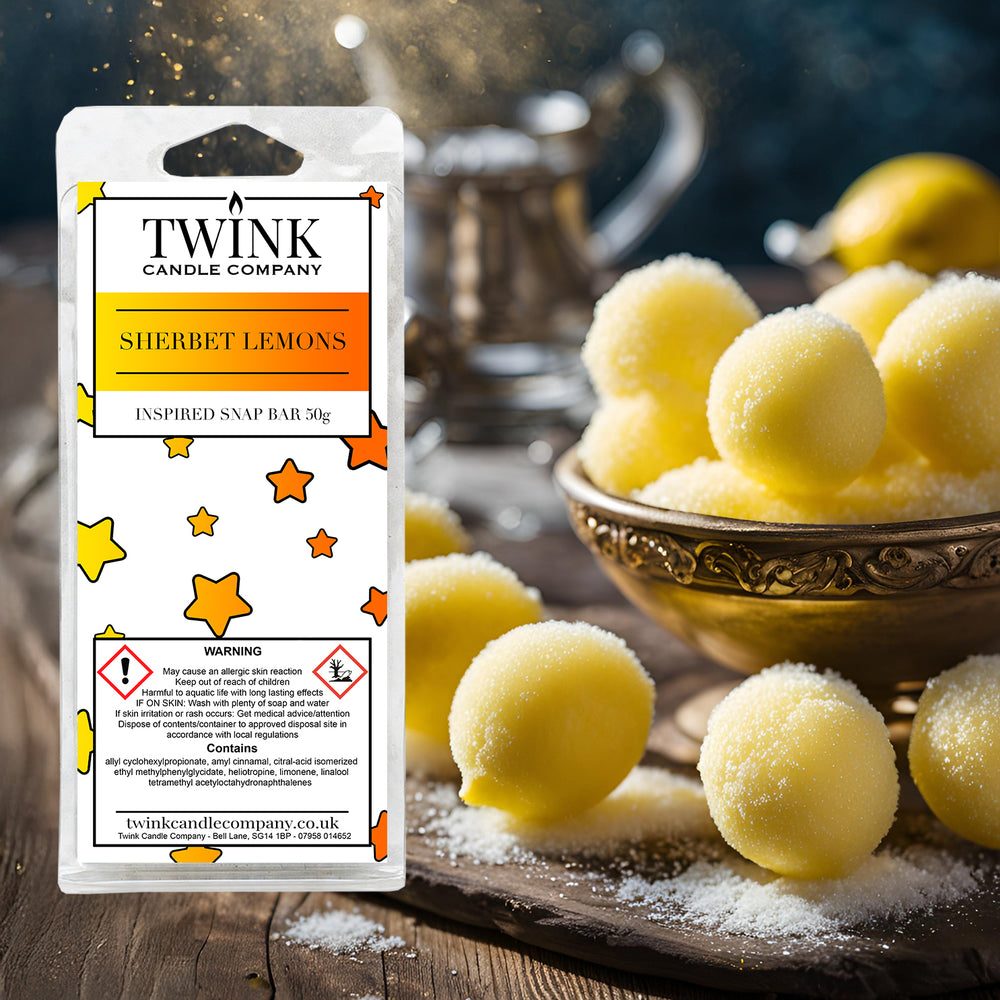Sherbet Lemons inspired soy wax melt snap bar by Twink Candle Company, with sherbet lemon sweets in a bowl dusted with sugar