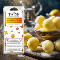 Sherbet Lemons inspired soy wax melt snap bar by Twink Candle Company, with sherbet lemon sweets in a bowl dusted with sugar