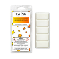 Sherbet Lemons inspired 50g soy wax melt snap bar in its packet beside the unwrapped bar and its five break-apart segments