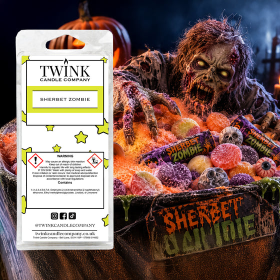 Sherbet Zombie soy wax melt snap bar by Twink Candle Company, in a fun, spooky sweet-shop Halloween scene