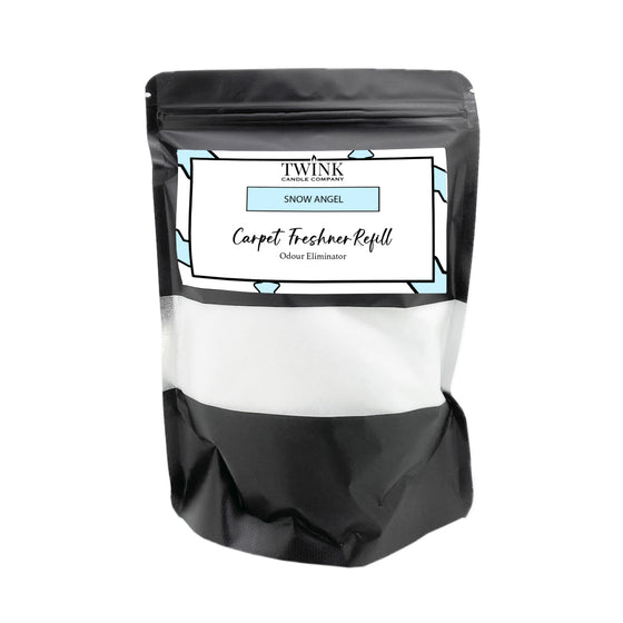 Snow Angel carpet freshener refill by Twink Candle Company, a 500g resealable pouch of odour-eliminating powder