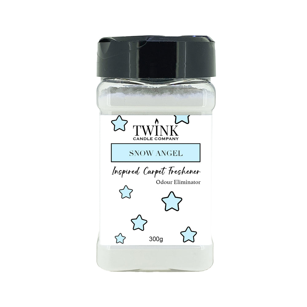 Snow Angel inspired carpet freshener by Twink Candle Company, a 300g shaker jar of odour-eliminating powder
