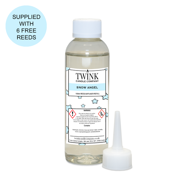 Snow Angel reed diffuser refill by Twink Candle Company, a 100ml bottle with pouring nozzle and six free reeds