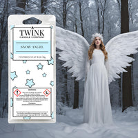Snow Angel soy wax melt snap bar by Twink Candle Company, with an angel in a white gown and feathered wings in a snowy forest