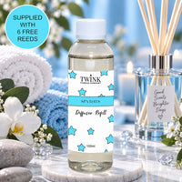 Spa Days reed diffuser refill by Twink Candle Company, a 100ml bottle in a calming spa setting