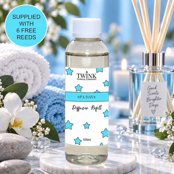 Spa Days reed diffuser refill by Twink Candle Company, a 100ml bottle in a calming spa setting