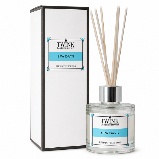 Spa Days reed diffuser by Twink Candle Company, a 100ml glass bottle with reeds beside its gift box