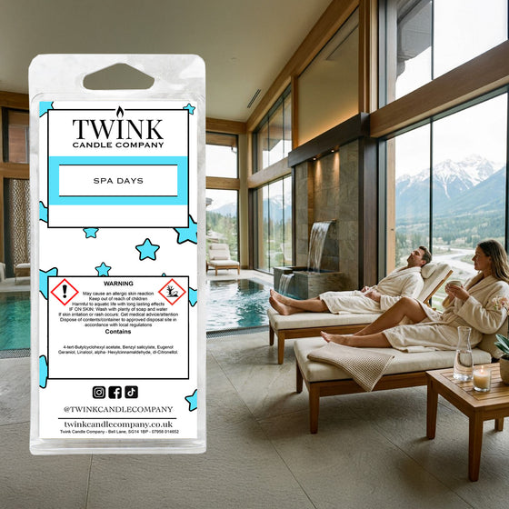 Spa Days inspired soy wax melt snap bar by Twink Candle Company, in a spa with loungers and a mountain view