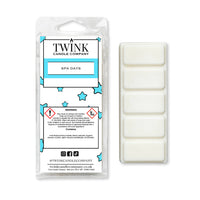 Spa Days inspired 50g soy wax melt snap bar in its packet beside the unwrapped bar and its five break-apart segments