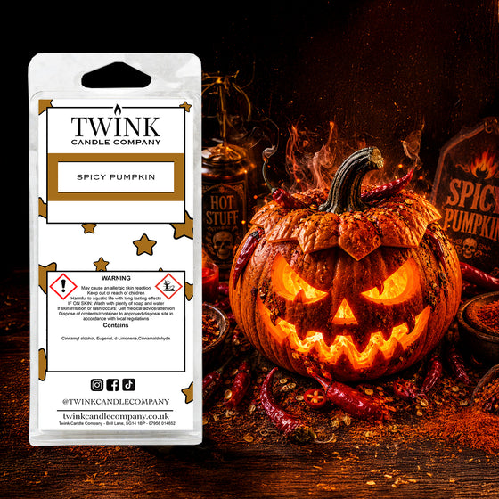 Spicy Pumpkin soy wax melt snap bar by Twink Candle Company, styled with a glowing carved pumpkin and warm autumn spice