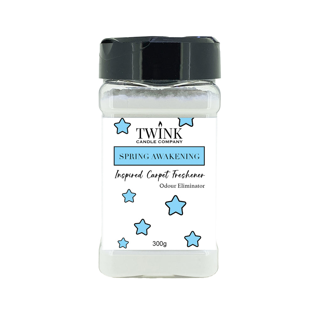 Spring Awakening inspired carpet freshener by Twink Candle Company, a 300g shaker jar of odour-eliminating powder