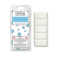 Spring Awakening inspired 50g soy wax melt snap bar in its packet beside the unwrapped bar and its five break-apart segments
