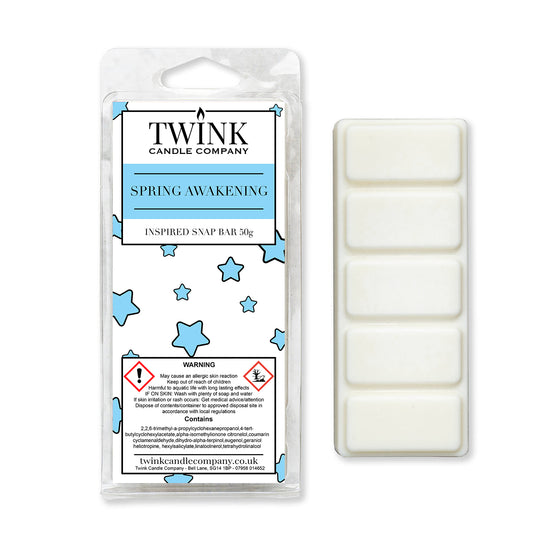 Spring Awakening inspired 50g soy wax melt snap bar in its packet beside the unwrapped bar and its five break-apart segments