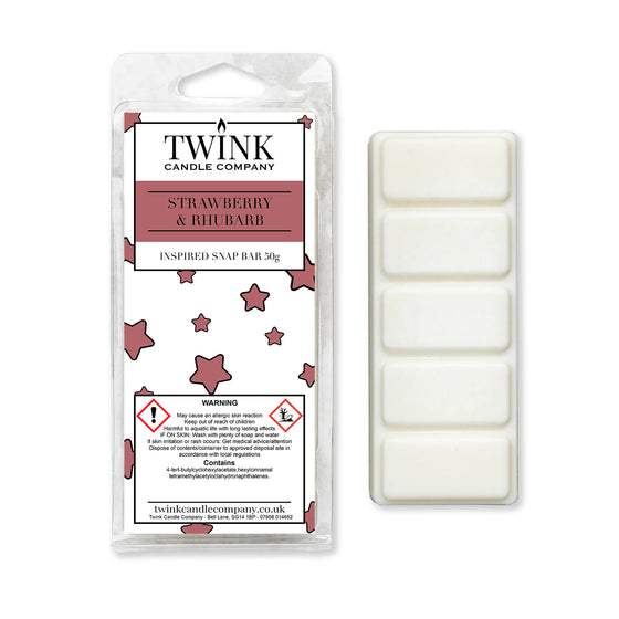 Strawberry & Rhubarb 50g soy wax melt snap bar in its packet beside the unwrapped bar and its five break-apart segments