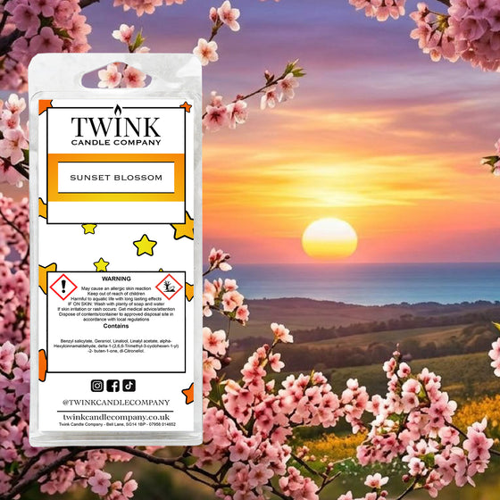 Sunset Blossom inspired soy wax melt snap bar by Twink Candle Company, with cherry blossom against a sunset over hills