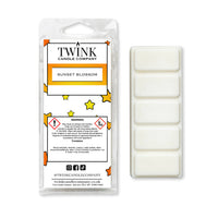 Sunset Blossom inspired 50g soy wax melt snap bar in its packet beside the unwrapped bar and its five segments