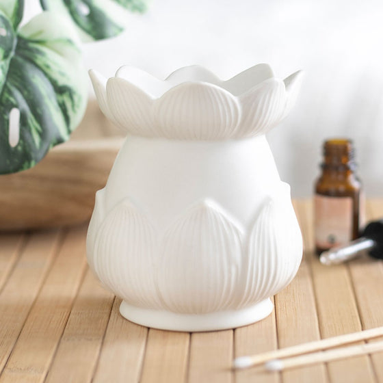 Lotus flower wax and oil burner by Twink Candle Company, white ceramic with petal-shaped dish