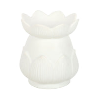 Lotus flower wax and oil burner by Twink Candle Company, white ceramic lotus on a plain background