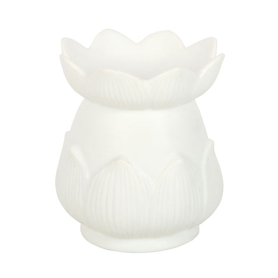 Lotus flower wax and oil burner by Twink Candle Company, white ceramic lotus on a plain background