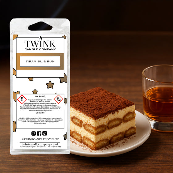 Tiramisu & Rum soy wax melt snap bar by Twink Candle Company, beside a slice of tiramisu and a glass of rum