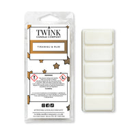 Tiramisu & Rum 50g soy wax melt snap bar in its packet beside the unwrapped bar and its five break-apart segments