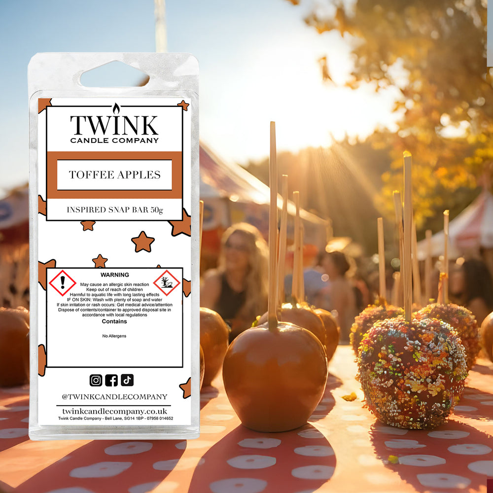 Toffee Apples soy wax melt snap bar by Twink Candle Company, with toffee apples on a fairground stall in sunshine