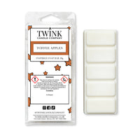 Toffee Apples 50g soy wax melt snap bar in its packet beside the unwrapped bar and its five break-apart segments
