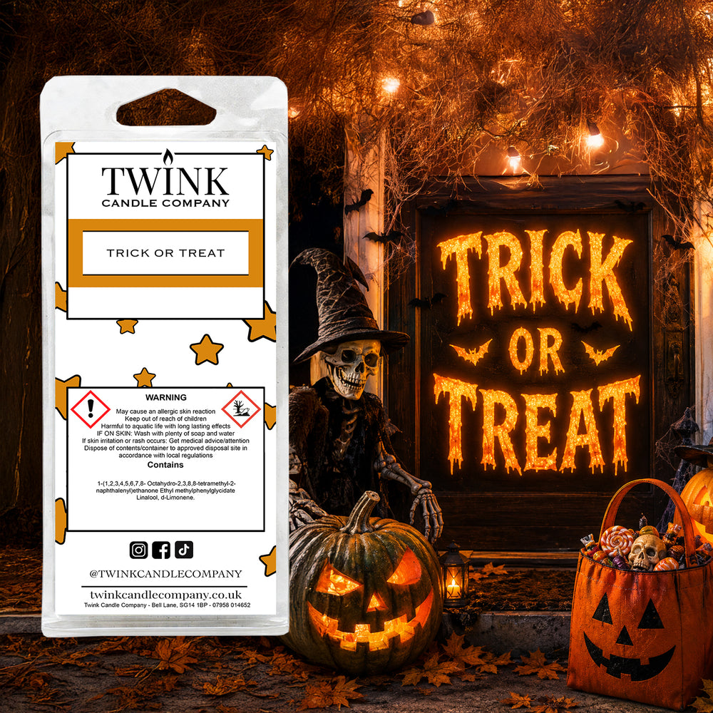 Trick or Treat soy wax melt snap bar by Twink Candle Company, set against a playful Halloween sweets scene