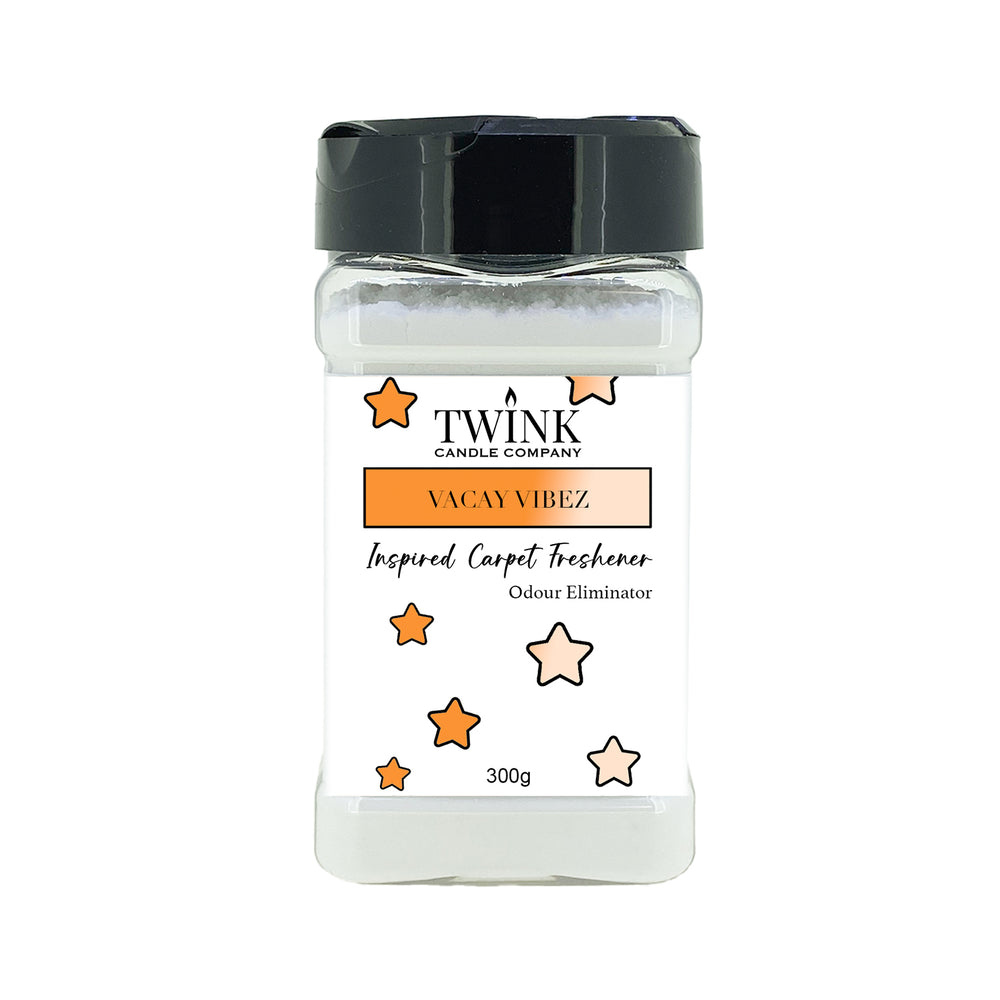 Vacay Vibez inspired carpet freshener by Twink Candle Company, a 300g shaker jar of odour-eliminating powder