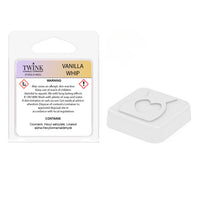 Back of the Vanilla Whip inspired snap bar packet showing contents and safety information, with a heart-shaped wax sample