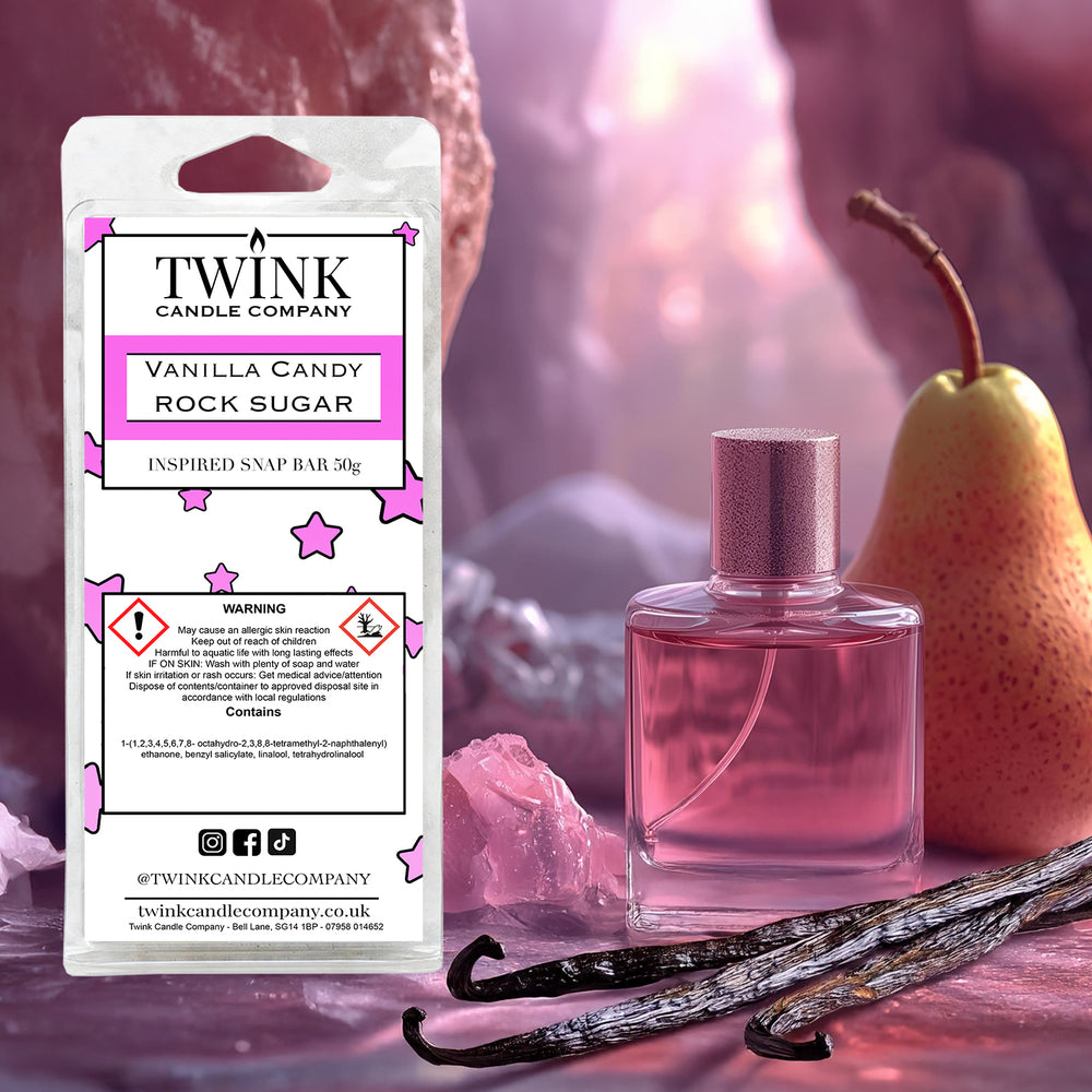 Vanilla Candy Rock Sugar inspired soy wax melt snap bar by Twink Candle Company, with a pink perfume bottle and vanilla pods
