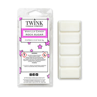 Vanilla Candy Rock Sugar inspired 50g soy wax melt snap bar in its packet beside the unwrapped bar and its five segments
