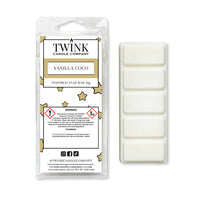 Vanilla Coco inspired 50g soy wax melt snap bar in its packet beside the unwrapped bar and its five segments