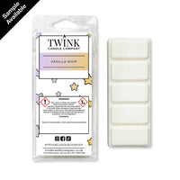 Vanilla Whip inspired 50g soy wax melt snap bar in its packet beside the unwrapped bar and its five break-apart segments