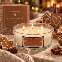 Woodbridge Warm Gingerbread 5-wick 990g candle bowl — large frosted glass bowl candle glowing in a cosy home setting