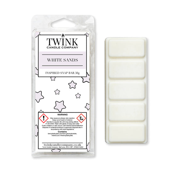White Sands inspired 50g soy wax melt snap bar in its packet beside the unwrapped bar and its five break-apart segments