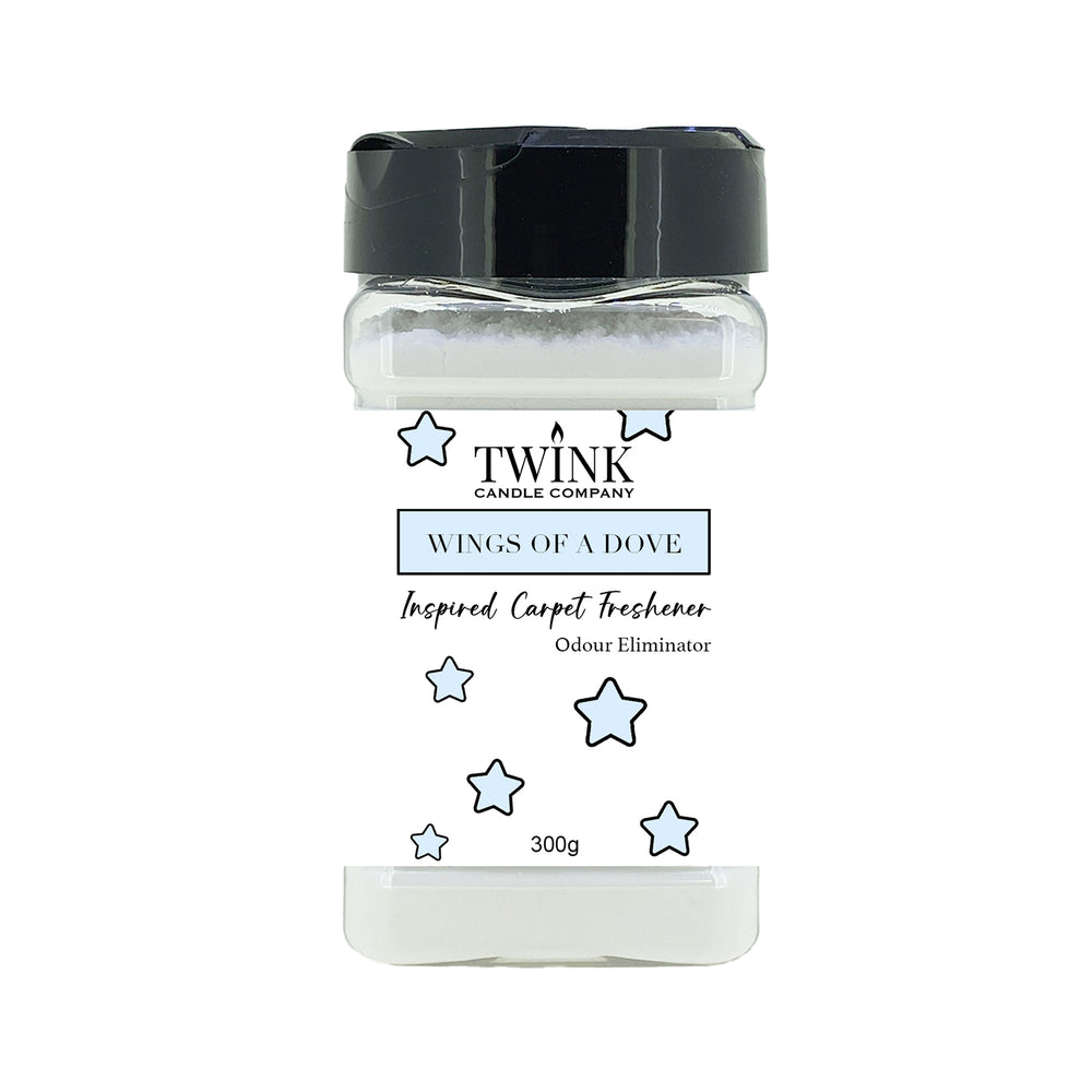 Wings Of A Dove inspired carpet freshener by Twink Candle Company, a 300g shaker jar of odour-eliminating powder