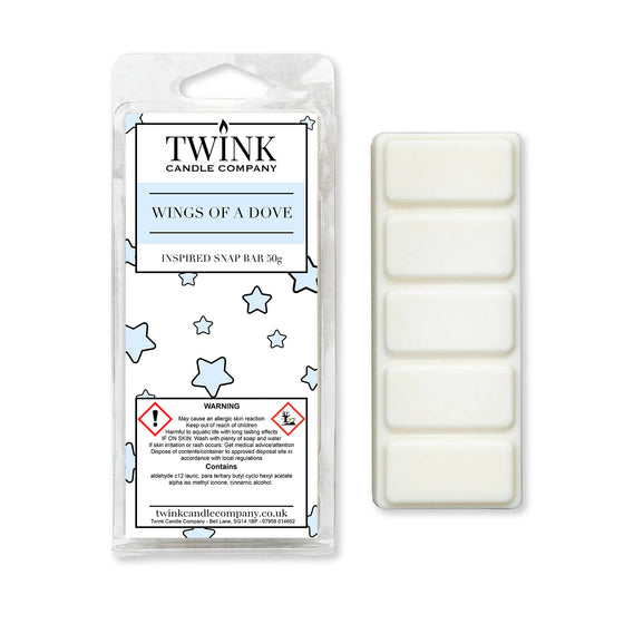 Wings Of A Dove 50g soy wax melt snap bar in its packet beside the unwrapped bar and its five break-apart segments