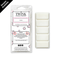 Yara inspired 50g soy wax melt snap bar in its packet beside the unwrapped bar and its five break-apart segments