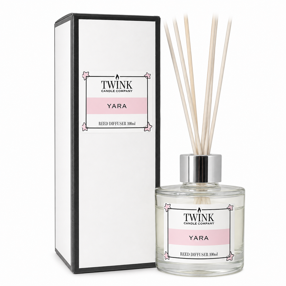 Yara reed diffuser by Twink Candle Company, a 100ml glass bottle with reeds beside its gift box