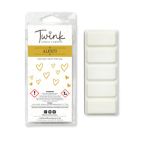 Alfeti inspired soy wax melt snap bar in its packet beside the five break-apart wax melt segments on a white background, by Twink Candle Company