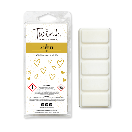 Alfeti inspired soy wax melt snap bar in its packet beside the five break-apart wax melt segments on a white background, by Twink Candle Company